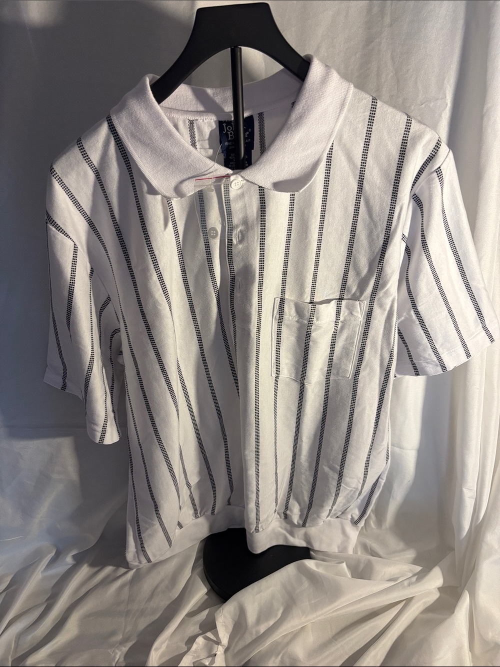 Vintage John Blair NWT White Polo with Black Pinstripes and Chest Pocket